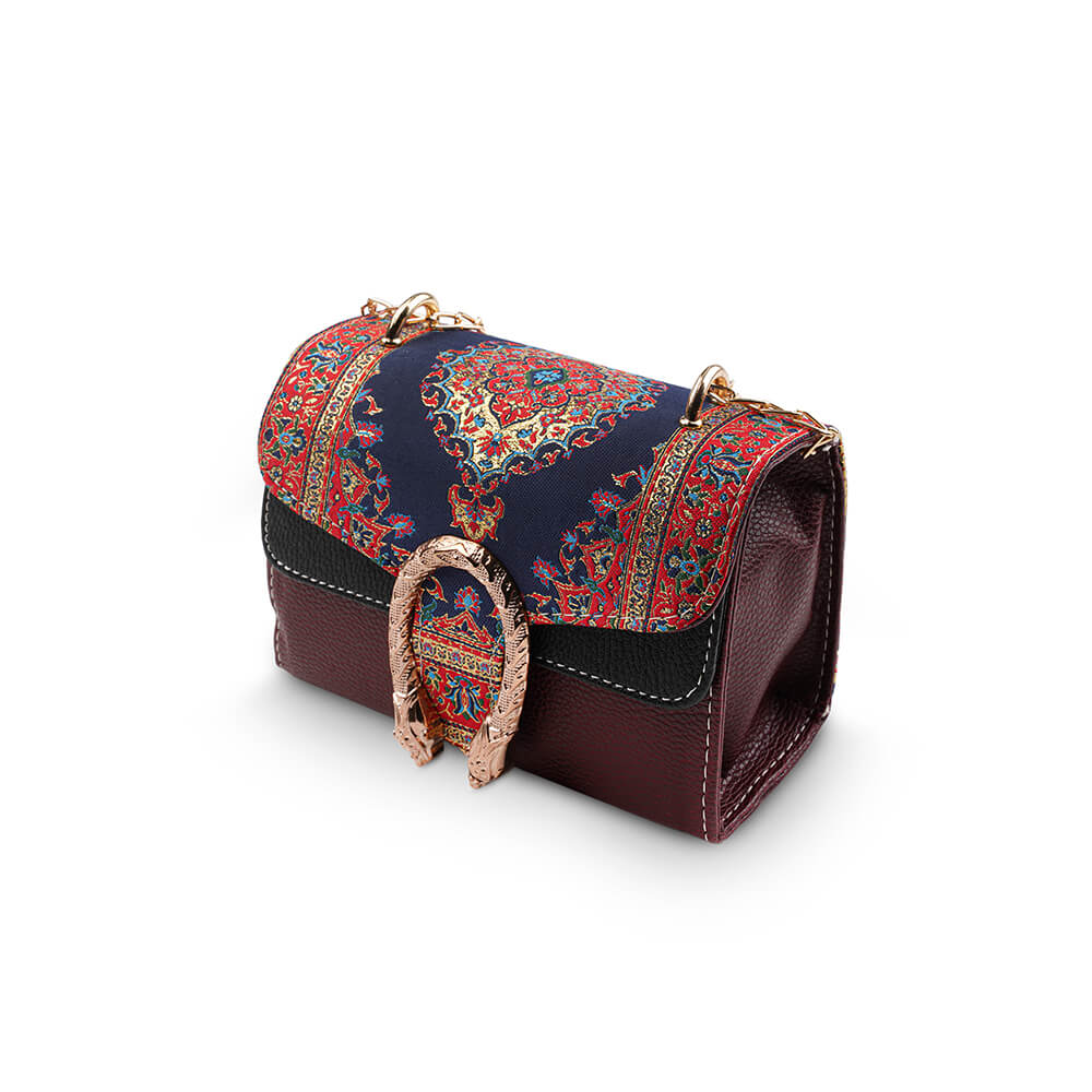 Women's Shoulder Bag In Burgundy With Woven Carpet Pattern