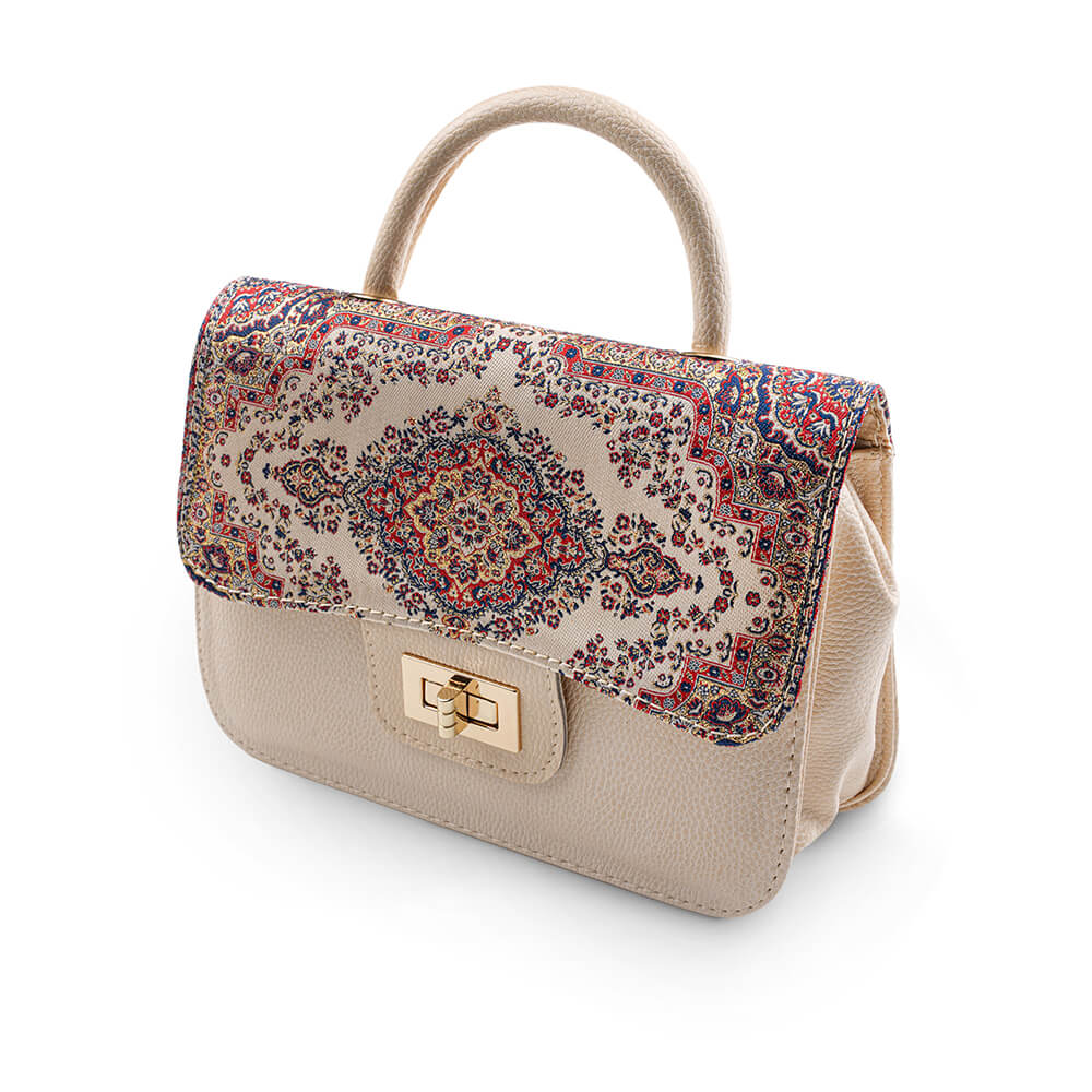 Red Ethnic Patterned Cream Color Women's Hand and Shoulder Bag