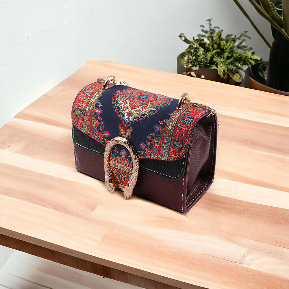 Women's Shoulder Bag In Burgundy With Woven Carpet Pattern