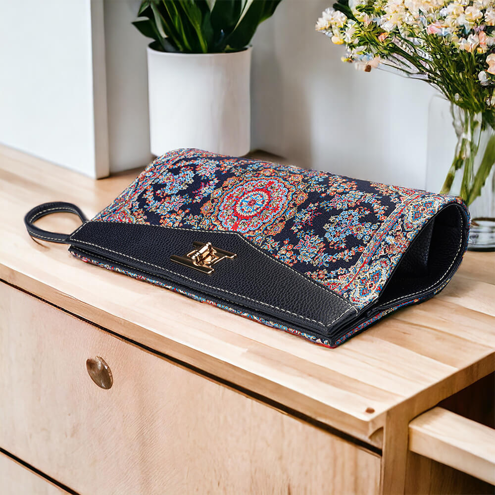 Red Ethnic Patterned Navy Blue Women's Hand Bag