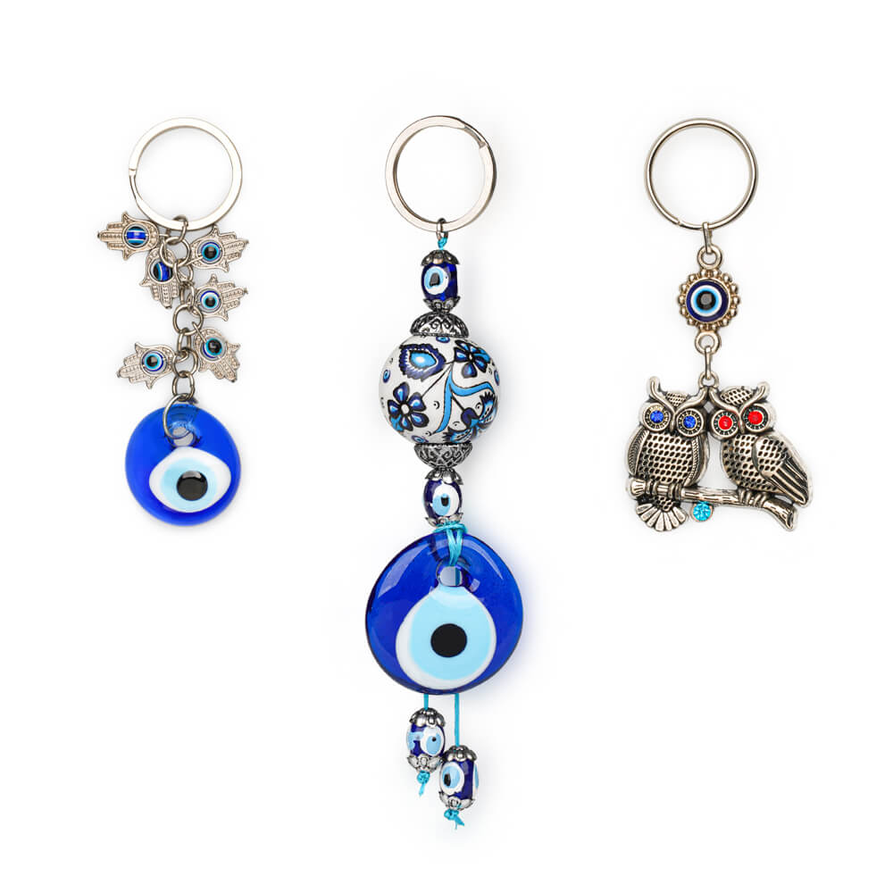 Owl, Hamsa Hand Evil Eye Bead and Ceramic Collective Keychain Set