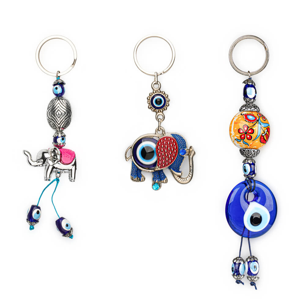 Ceramic Bulk Evil Eye Bead and Elephant Keychain Set