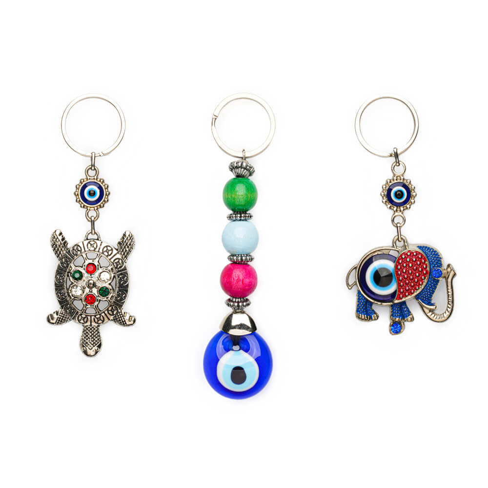 Beaded Turtle, Evil Eye Bead and Elephant Keychain Set