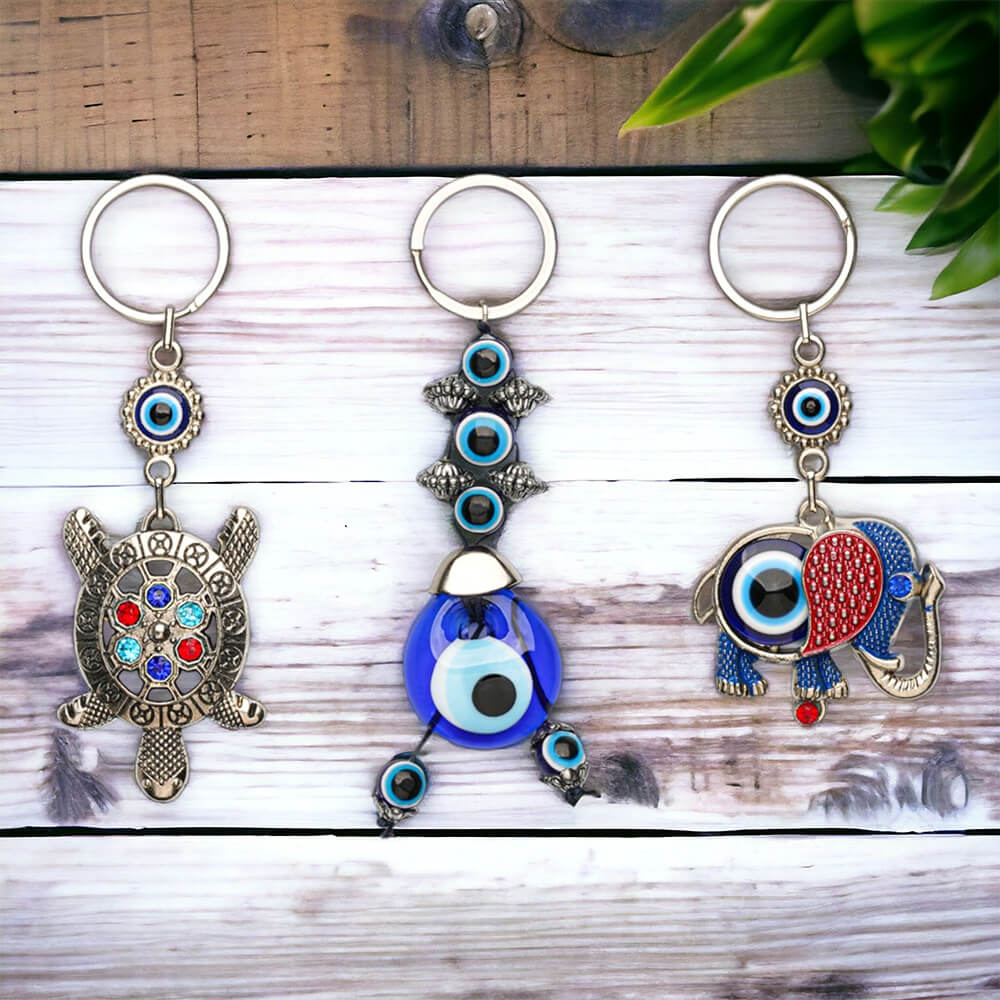 Turtle, Elephant and Evil Eye Bead Keychain Set