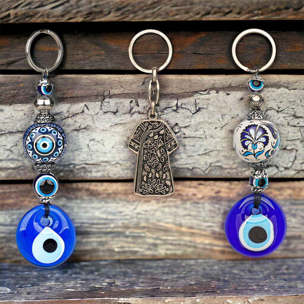 Ceramic Bulk Evil Eye Bead and Metal Kaftan Keychain Set