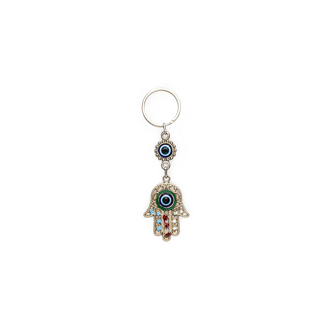 Elephant, Hamsa and Circle Designed Blue Bead Keychain Set