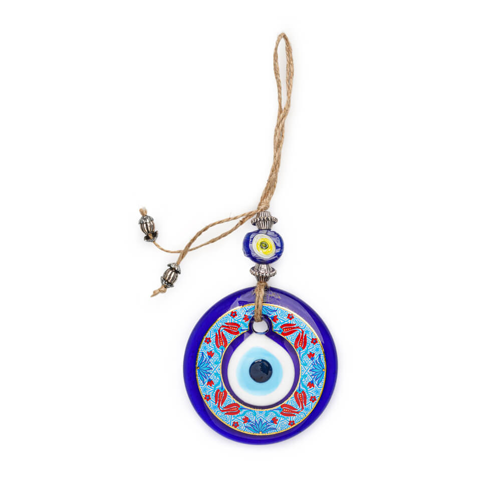 Blue Evil Eye Bead Wall Ornament with Flower Motif